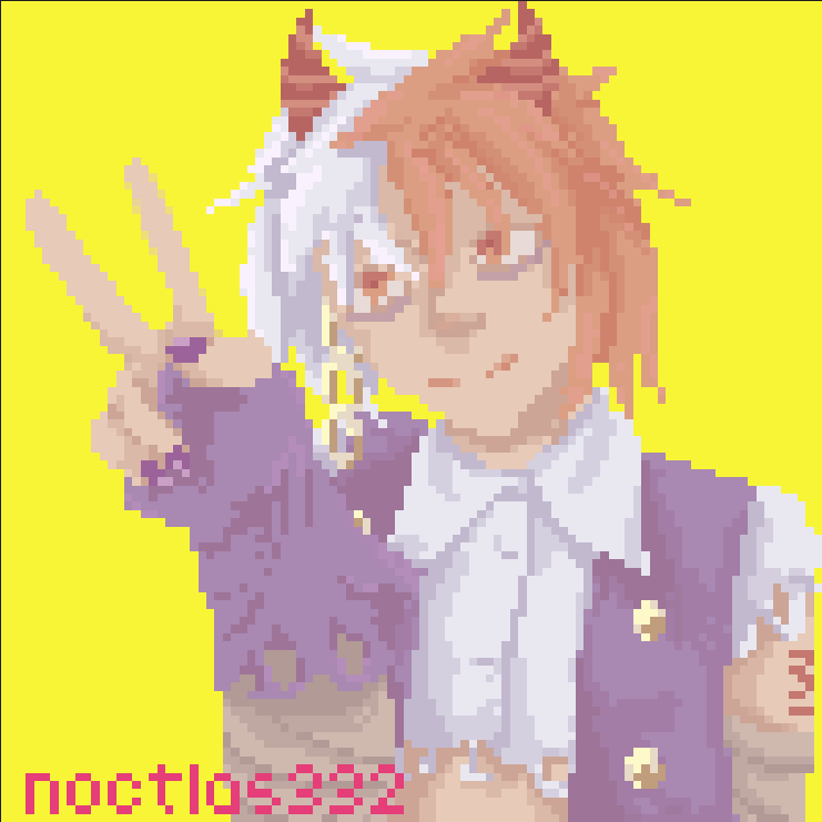 pixel art of my utau mayo coulombs. they can be seen from about the bust up. they are smiling and looking off to the side, and doing a peace sign with their right hand
